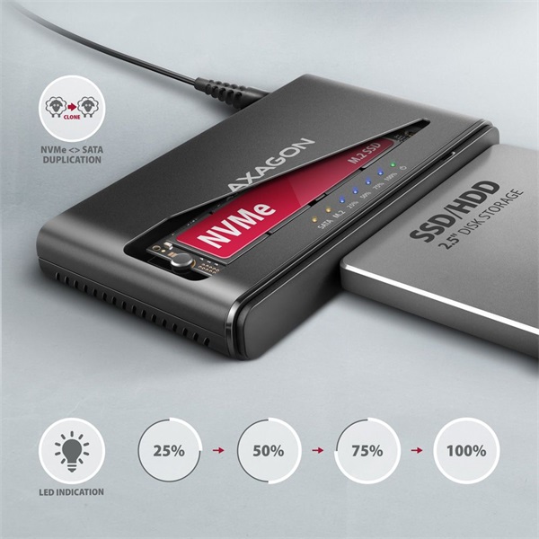 Axagon ADSA-CC USB-C 10Gbps NVMe M.2/SATA 2,5"/3,5" HDD/SSD másoló - Image 14