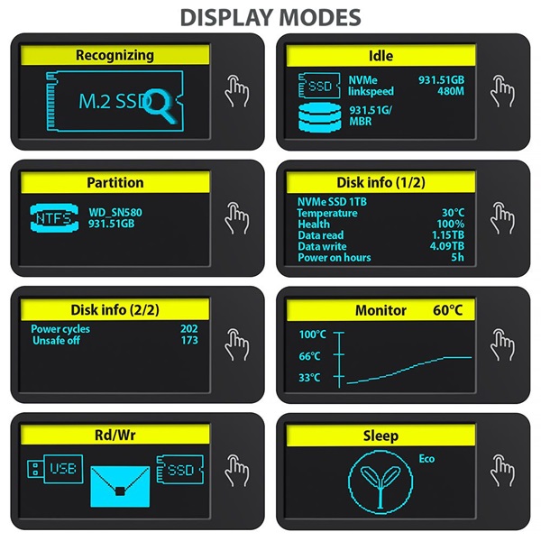 Axagon EEM2-SD2 DISPLAY USB-C 10Gbps M.2 NVMe & SATA SSD külső ház - Image 13