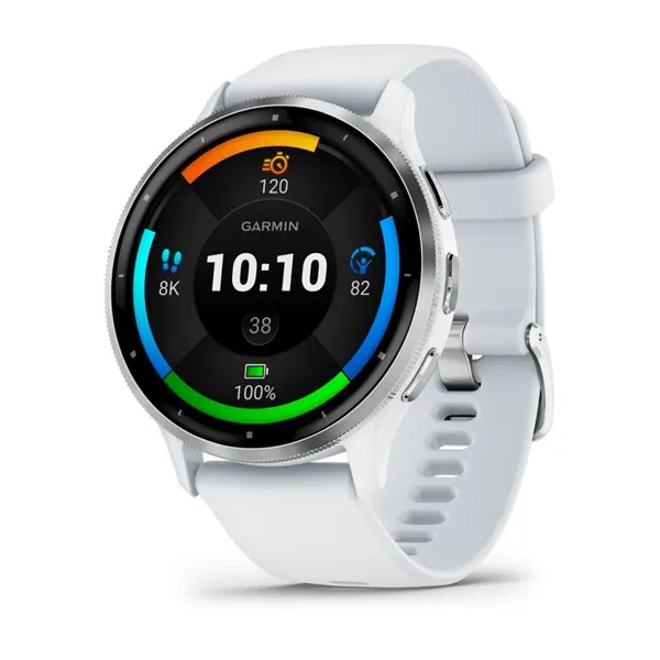 Garmin Venu 3 Silver Stainless Steel Bezel with Whitestone Case and Silicone Band