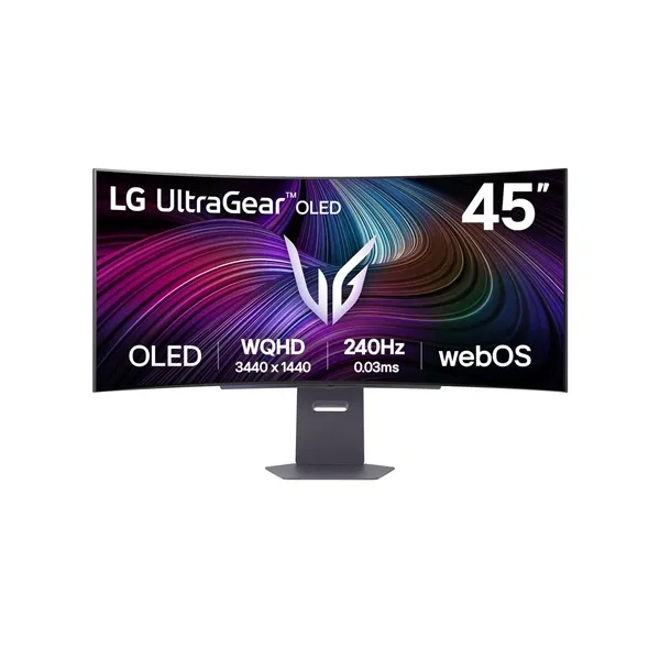 LG Monitor 45" - 45GX90SA-B (OLED; Ívelt, 21:9; 3440x1440; <1ms; 275cd; 240Hz, HDMIx2, BT, DP; USB; HDR; Áll.mag. Spkr)