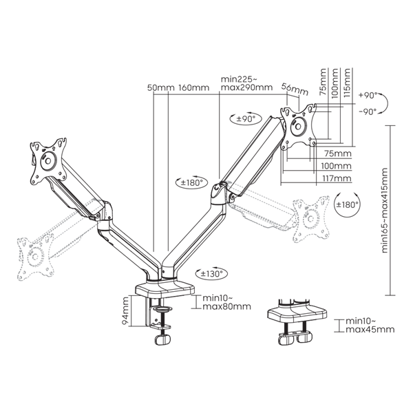 Sbox LCD-S024-2 17"-32" dönthető, forgatható asztali dual monitor tartó konzol - Image 9