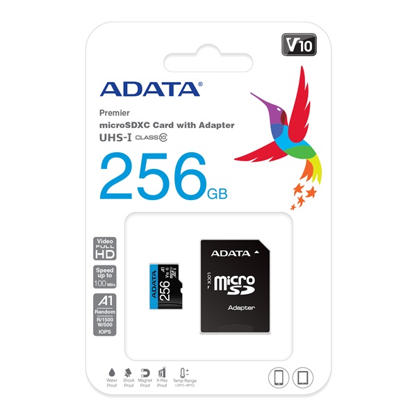 ADATA MicroSD kártya - 256GB microSDXC UHS-I Class10 A1 V10 (R/W: 100/25 MB/s) + adapter - Image 1
