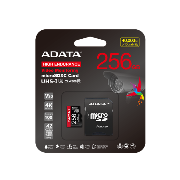ADATA MicroSD kártya - 256GB microSDXC UHS-I U3 Class10 A2 V30S High Endurance (R/W: 100/85 MB/s, 24/7 record) + adapter - Image 2