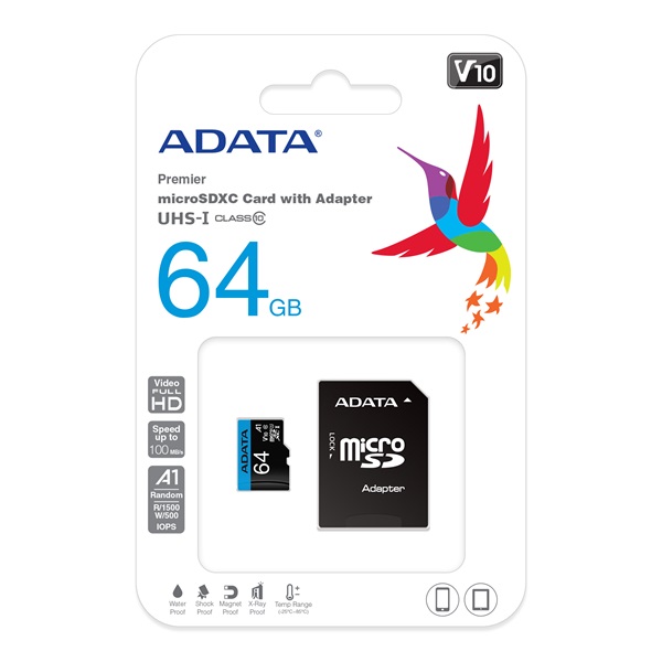 ADATA MicroSD kártya - 64GB microSDXC UHS-I Class10 A1 V10 (R/W: 100/25 MB/s) + adapter - Image 1