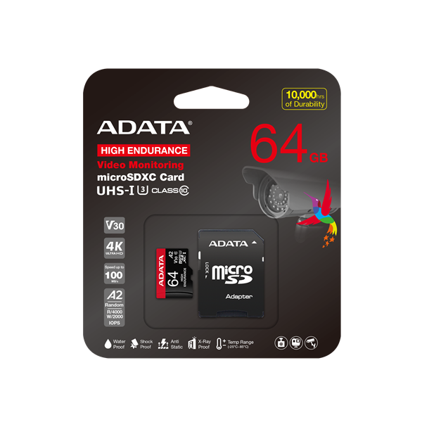 ADATA MicroSD kártya - 64GB microSDXC UHS-I U3 Class10 A2 V30S High Endurance (R/W: 100/80 MB/s, 24/7 record) + adapter - Image 2