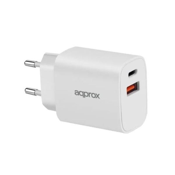 APPROX Telefontöltő - USB Type-C, USB-A port, 20W gyorstöltő + 1m USB Type-C kábel, Fehér - Image 1