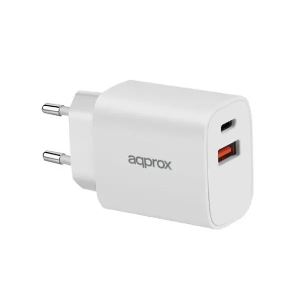 APPROX Telefontöltő - USB Type-C, USB-A port, 20W gyorstöltő + 1m USB Type-C kábel, Fehér