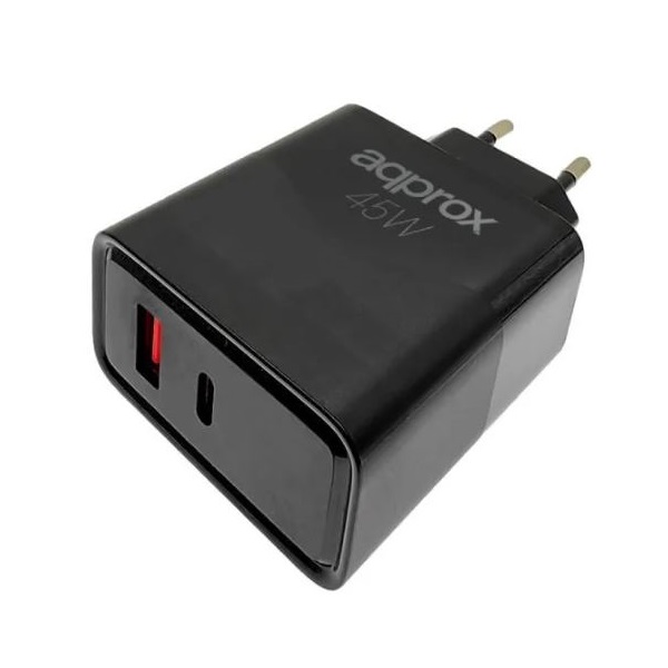 APPROX Telefontöltő - USB Type-C, USB-A port, 45W gyorstöltő + 1m USB Type-C kábel, Fekete - Image 2