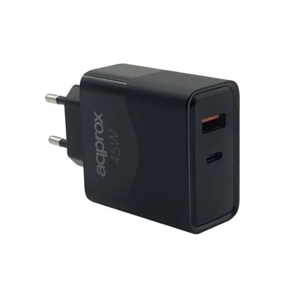 APPROX Telefontöltő - USB Type-C, USB-A port, 45W gyorstöltő + 1m USB Type-C kábel, Fekete - Image 1