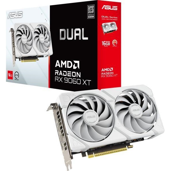 Asus Videokártya - AMD DUAL-RX9060XT-16G-WHITE (16384MB, GDDR6, 128bit, HDMI, 2xDP+HDMI)