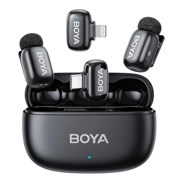 BOYA Mikrofon - mini 2-01 (Vezeték nélküli, AI zajszűrő, fekete, 2TX+2RX, Lightning, USB-C)