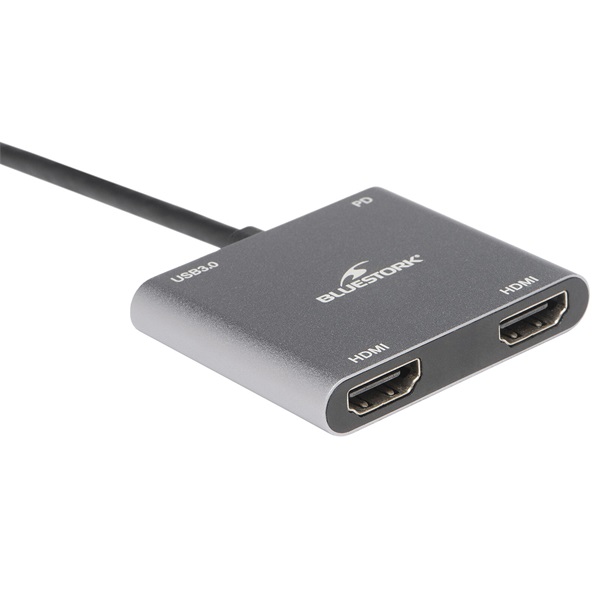 Bluestork USB Hub - HUB-DUO-HDMI (USB3.0, USB-C to 2xHDMI + USB-C, 4K@30Hz, szürke) - Image 1