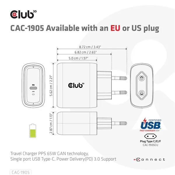 Club 3D Hálózati Adapter - CAC-1905EU (65W GAN, USB-C, PD 3.0, túltöltés védelem, kicsi méret) - Image 4