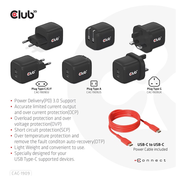 Club 3D Hálózati Adapter - CAC-1909EU (45W GAN, USB-C Dual Port, PD 3.0, PPS, Kétportos) - Image 7