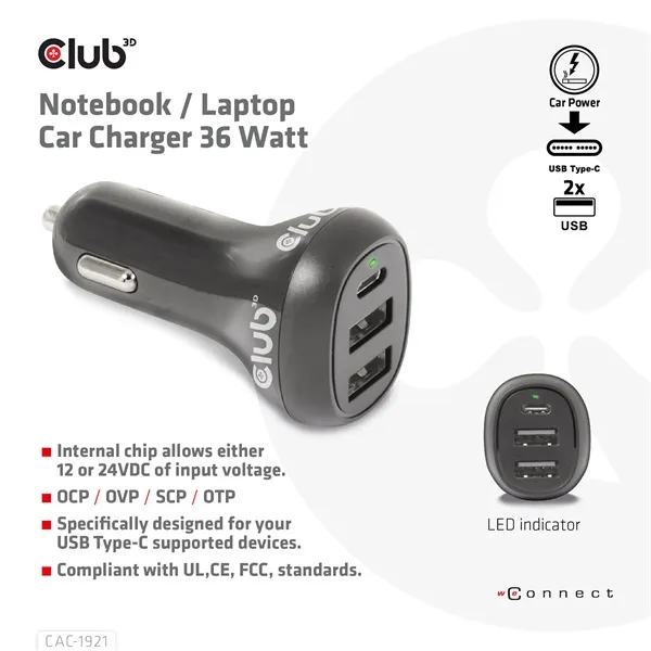 Club3D CAC-1921 autós gyorstöltő 36W, 2×USB Type-A, USB Type-C - Image 2