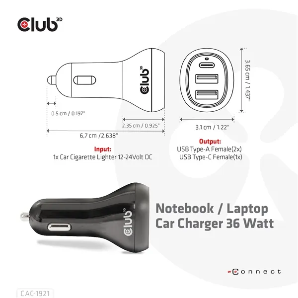 Club3D CAC-1921 autós gyorstöltő 36W, 2×USB Type-A, USB Type-C - Image 3