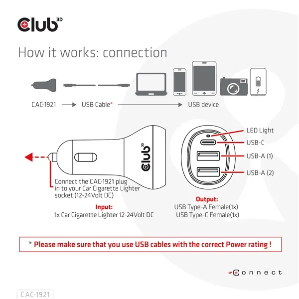 Club3D CAC-1921 autós gyorstöltő 36W, 2×USB Type-A, USB Type-C - Image 4