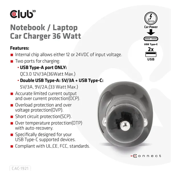 Club3D CAC-1921 autós gyorstöltő 36W, 2×USB Type-A, USB Type-C - Image 6