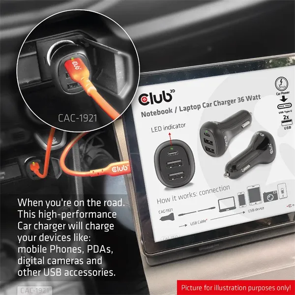 Club3D CAC-1921 autós gyorstöltő 36W, 2×USB Type-A, USB Type-C - Image 7