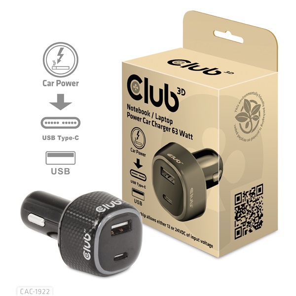 Club 3D Autós Töltő - CAC-1922 (63W, USB-A, USB-C, 12-24V, QC3.0) - Image 1