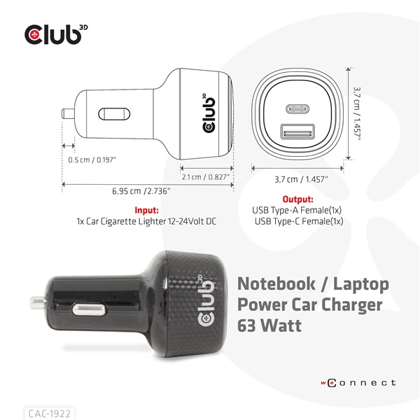 Club 3D Autós Töltő - CAC-1922 (63W, USB-A, USB-C, 12-24V, QC3.0) - Image 3