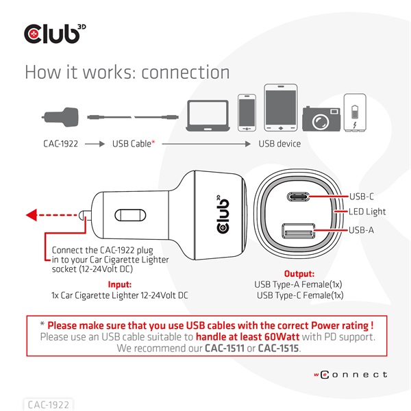 Club 3D Autós Töltő - CAC-1922 (63W, USB-A, USB-C, 12-24V, QC3.0) - Image 4