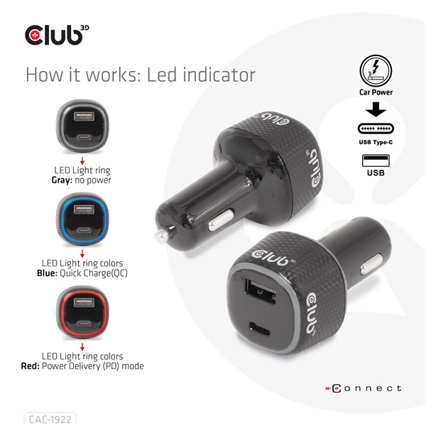 Club 3D Autós Töltő - CAC-1922 (63W, USB-A, USB-C, 12-24V, QC3.0) - Image 5