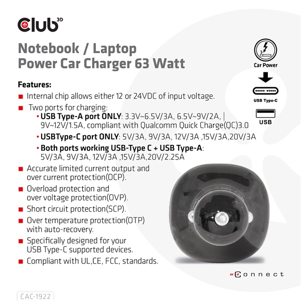 Club 3D Autós Töltő - CAC-1922 (63W, USB-A, USB-C, 12-24V, QC3.0) - Image 6