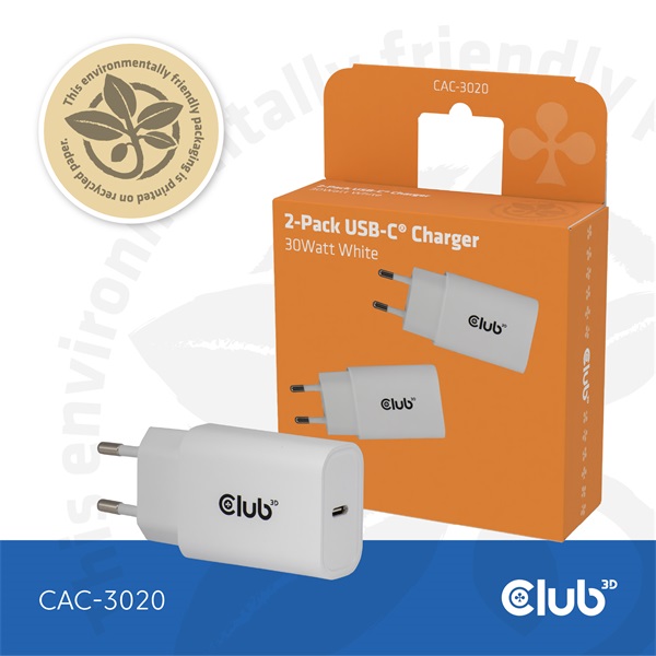 Club 3D Hálózati Adapter - CAC-3020 (2db/csomag, 30W USB-C, PD3.0, túltöltés védelem, kicsi méret, fehér)