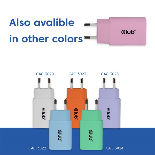 Club 3D Hálózati Adapter - CAC-3021 (2db/csomag, 30W USB-C, PD3.0, túltöltés védelem, kicsi méret, pink) - Image 5