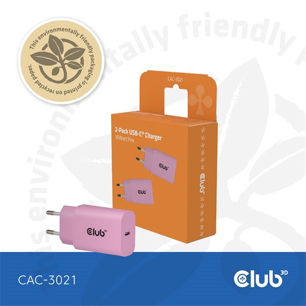 Club_3D_Halozati_Adapter_-_CAC-3021_30W_USB-C_PD30_tultoltes_vedelem_kicsi_meret_pink-i509427.jpg Club 3D Hálózati Adapter - CAC-3021 (2db/csomag, 30W USB-C, PD3.0, túltöltés védelem, kicsi méret, pink) - Image 1