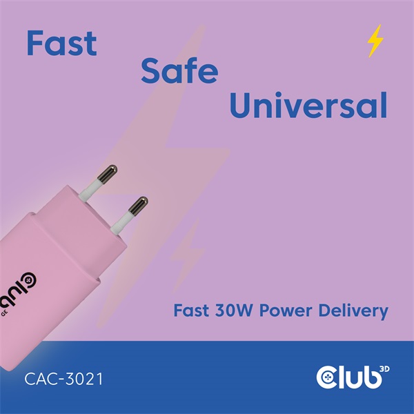 Club 3D Hálózati Adapter - CAC-3021 (2db/csomag, 30W USB-C, PD3.0, túltöltés védelem, kicsi méret, pink) - Image 7