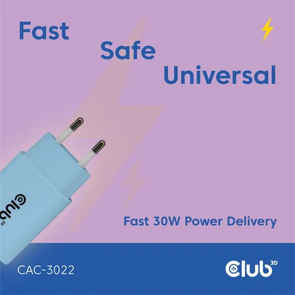 Club 3D Hálózati Adapter - CAC-3022 (2db/csomag, 30W USB-C, PD3.0, túltöltés védelem, kicsi méret, kék) - Image 8