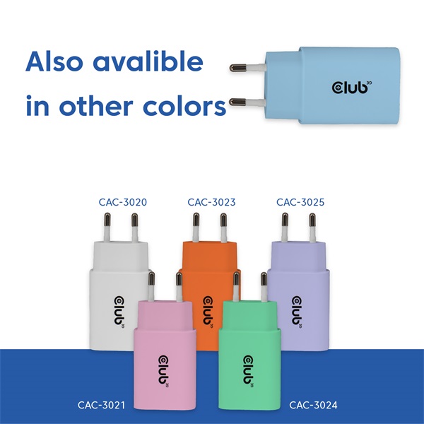 Club 3D Hálózati Adapter - CAC-3022 (2db/csomag, 30W USB-C, PD3.0, túltöltés védelem, kicsi méret, kék) - Image 5