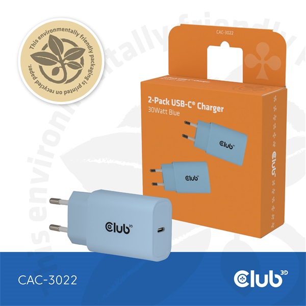 Club_3D_Halozati_Adapter_-_CAC-3022_30W_USB-C_PD30_tultoltes_vedelem_kicsi_meret_kek-i509397.jpg Club 3D Hálózati Adapter - CAC-3022 (2db/csomag, 30W USB-C, PD3.0, túltöltés védelem, kicsi méret, kék) - Image 1