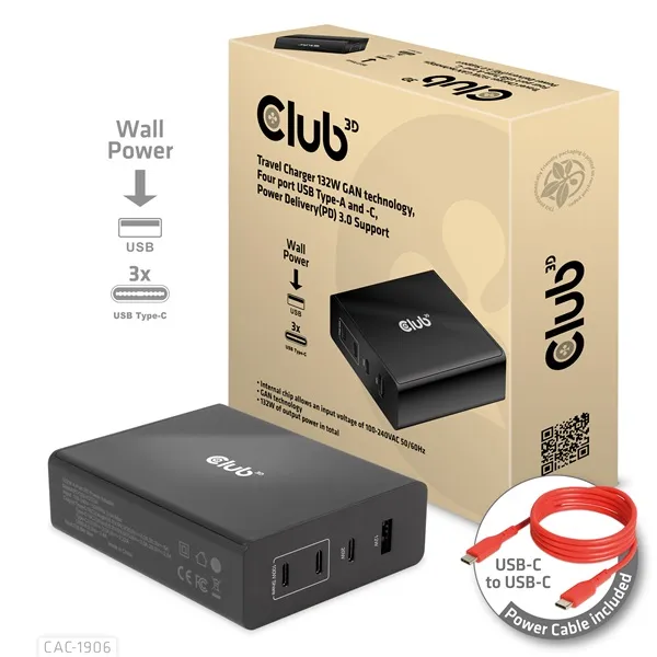 Club 3D Hálózati Adapter - CAC-1906 (132W GaN, 2x USB-A, 2x USB-C, PD3.0, 4 csatlakozó) - Image 3
