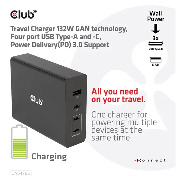 Club 3D Hálózati Adapter - CAC-1906 (132W GaN, 2x USB-A, 2x USB-C, PD3.0, 4 csatlakozó) - Image 4