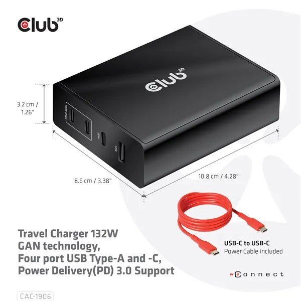 Club 3D Hálózati Adapter - CAC-1906 (132W GaN, 2x USB-A, 2x USB-C, PD3.0, 4 csatlakozó) - Image 5
