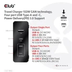 Club 3D Hálózati Adapter - CAC-1906 (132W GaN, 2x USB-A, 2x USB-C, PD3.0, 4 csatlakozó) - Image 10