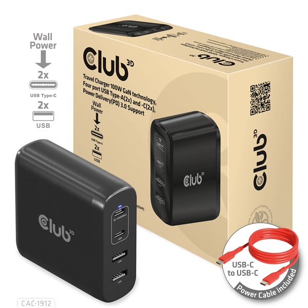 Club 3D Hálózati Adapter - CAC-1912EU (100W GaN, 2x USB-A, 2x USB-C, PD3.0, 4 csatlakozó) - Image 2