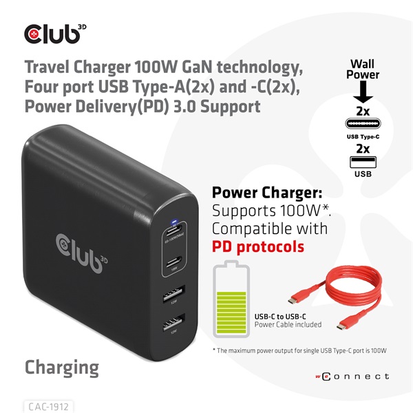 Club 3D Hálózati Adapter - CAC-1912EU (100W GaN, 2x USB-A, 2x USB-C, PD3.0, 4 csatlakozó) - Image 3