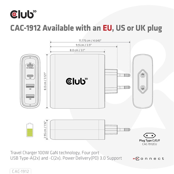 Club 3D Hálózati Adapter - CAC-1912EU (100W GaN, 2x USB-A, 2x USB-C, PD3.0, 4 csatlakozó) - Image 6