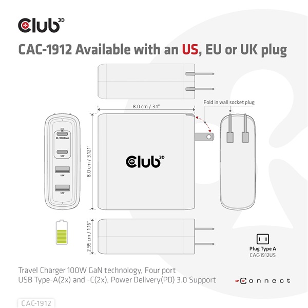Club 3D Hálózati Adapter - CAC-1912EU (100W GaN, 2x USB-A, 2x USB-C, PD3.0, 4 csatlakozó) - Image 7