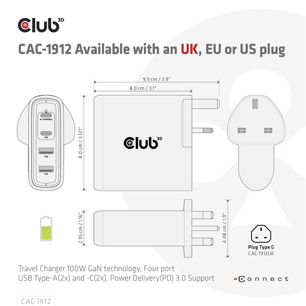 Club 3D Hálózati Adapter - CAC-1912EU (100W GaN, 2x USB-A, 2x USB-C, PD3.0, 4 csatlakozó) - Image 8