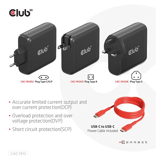 Club 3D Hálózati Adapter - CAC-1912EU (100W GaN, 2x USB-A, 2x USB-C, PD3.0, 4 csatlakozó) - Image 9