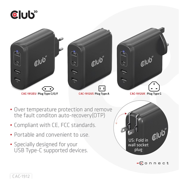 Club 3D Hálózati Adapter - CAC-1912EU (100W GaN, 2x USB-A, 2x USB-C, PD3.0, 4 csatlakozó) - Image 10