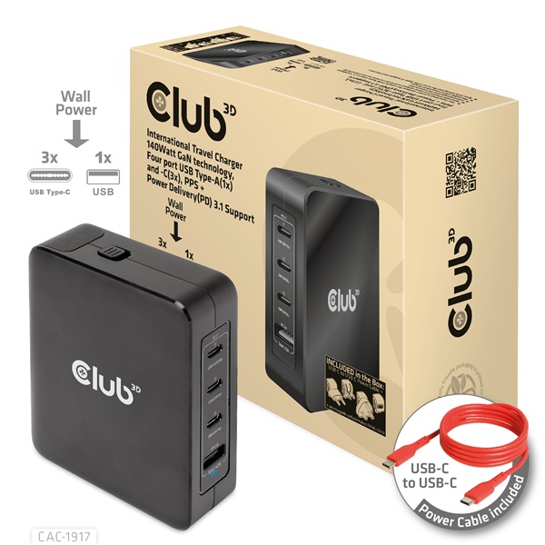 Club 3D Hálózati Adapter - CAC-1917 (140W GaN, 3x USB-C, 1x USB-A, PD3.1, 4 csatlakozó) - Image 1