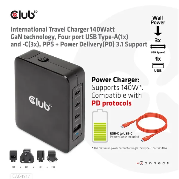 Club 3D Hálózati Adapter - CAC-1917 (140W GaN, 3x USB-C, 1x USB-A, PD3.1, 4 csatlakozó) - Image 2
