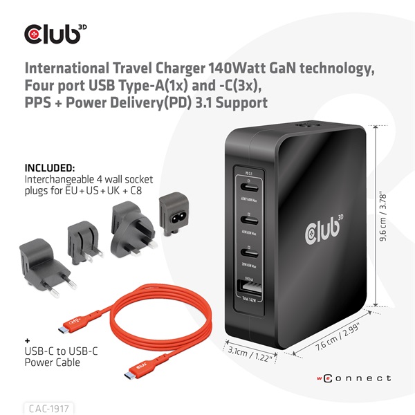 Club 3D Hálózati Adapter - CAC-1917 (140W GaN, 3x USB-C, 1x USB-A, PD3.1, 4 csatlakozó) - Image 3
