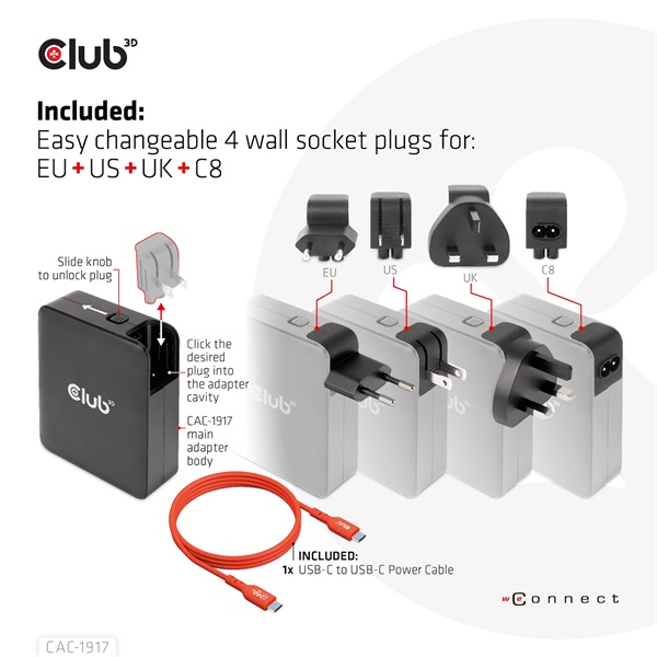 Club 3D Hálózati Adapter - CAC-1917 (140W GaN, 3x USB-C, 1x USB-A, PD3.1, 4 csatlakozó) - Image 5